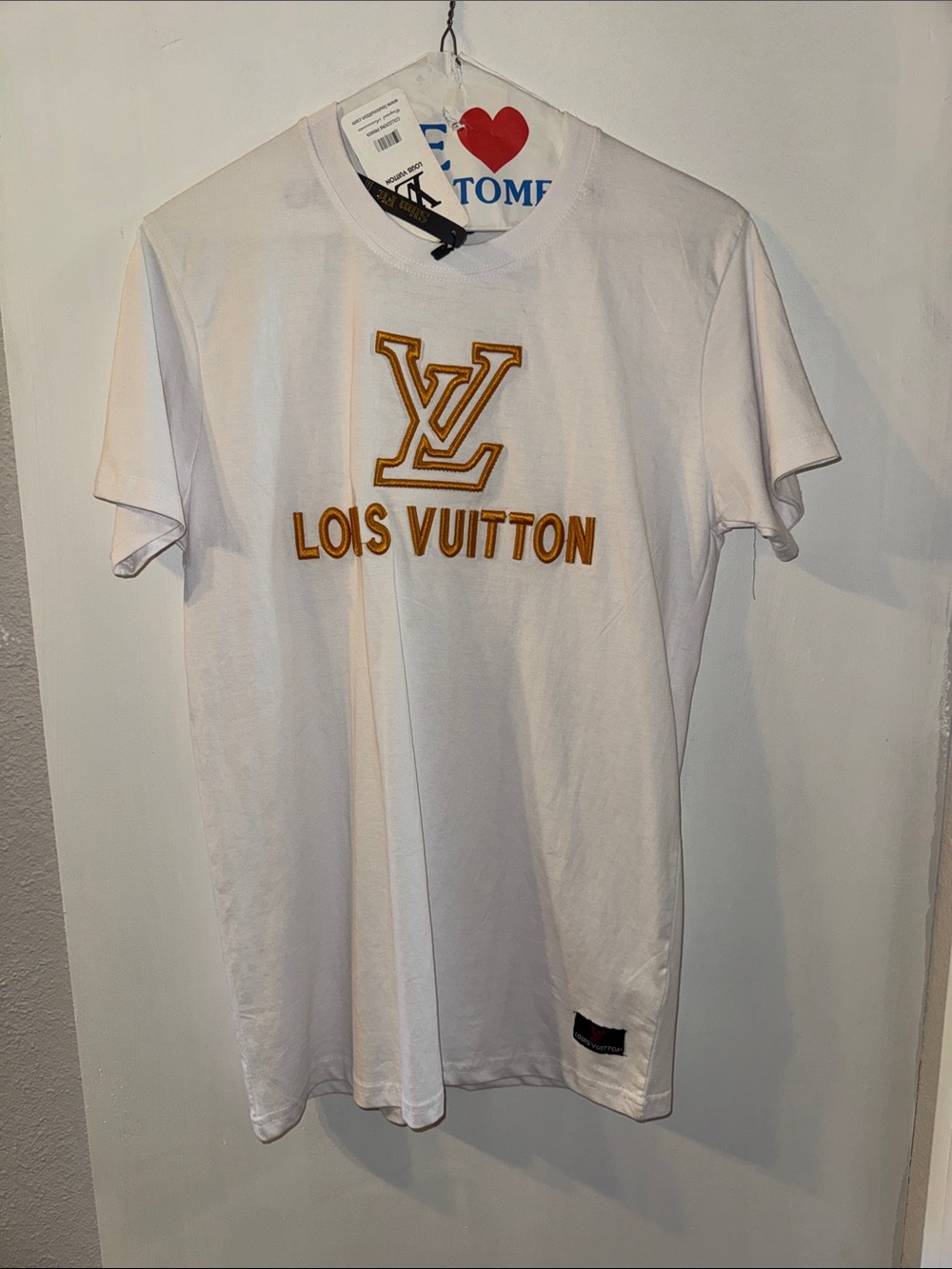 Louis Vuitton White Tee with Gold Embroidered Logo